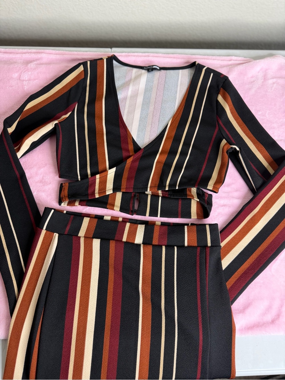 Fashion Nova Black Multi-Stripe Wrap Crop Top & Skirt Set